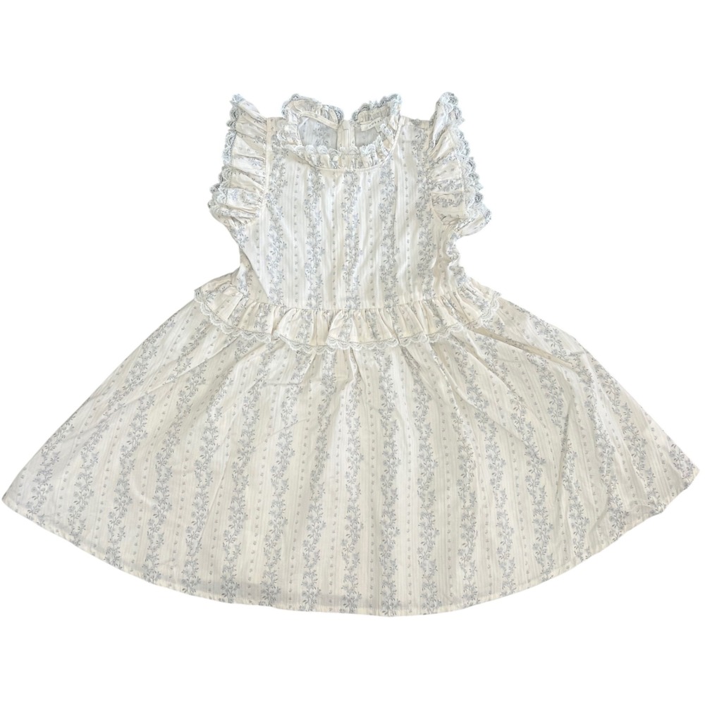 Noralee Girls Size 6 Floral Stripe Lace Ruffle Cotton Dress Cream Blue Classic